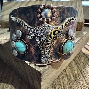 Longhorn Turquoise Western Cuff Bracelet with Adjustable Leather Straps